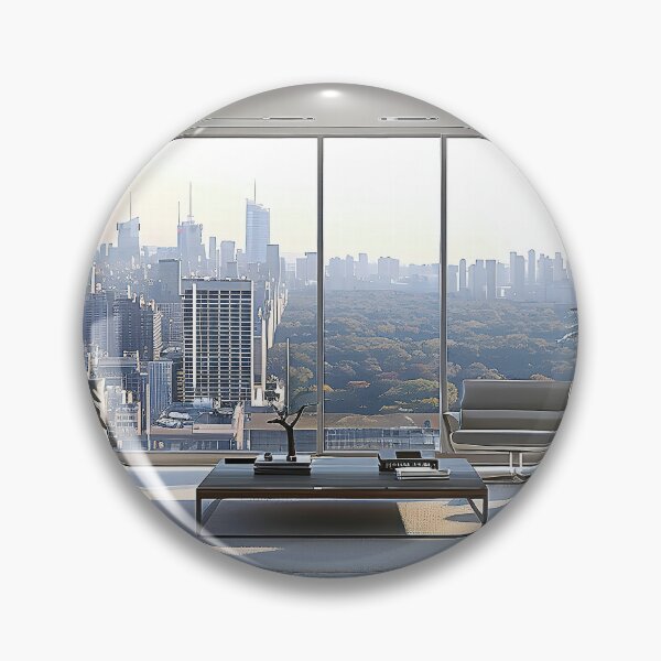 Item preview, modern living room with floor-to-ceiling windows, revealing a bustling cityscape beyond.  designed and sold by CheerForGoods.