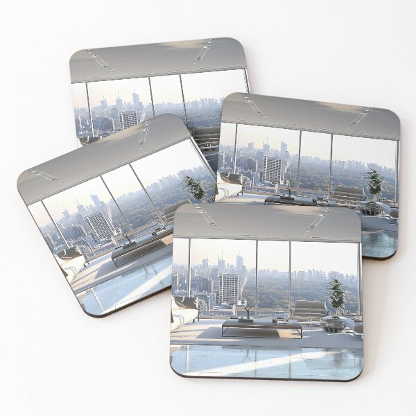 Item preview, modern living room with floor-to-ceiling windows, revealing a bustling cityscape beyond.  designed and sold by CheerForGoods.