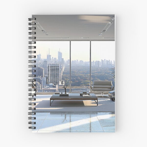 Item preview, modern living room with floor-to-ceiling windows, revealing a bustling cityscape beyond.  designed and sold by CheerForGoods.