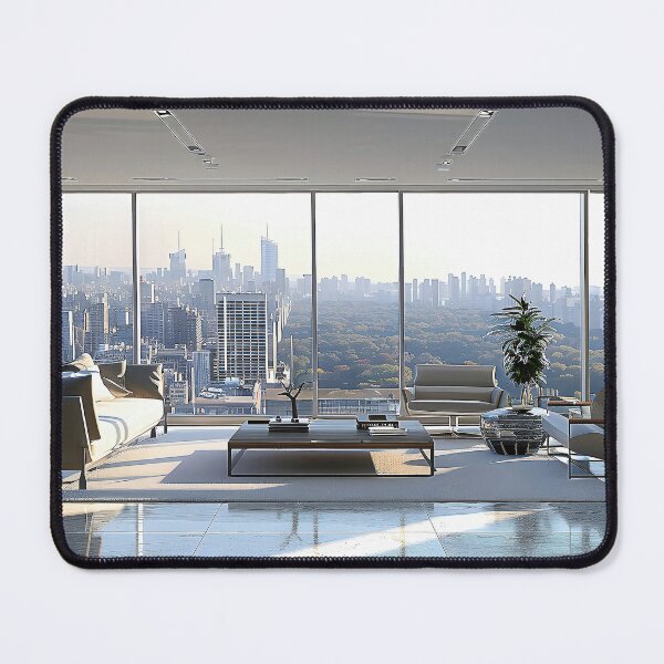 Item preview, modern living room with floor-to-ceiling windows, revealing a bustling cityscape beyond. designed and sold by CheerForGoods.