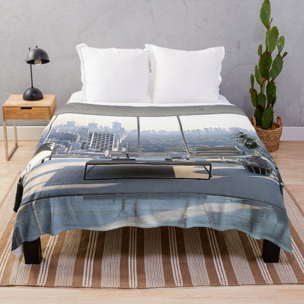 Item preview, modern living room with floor-to-ceiling windows, revealing a bustling cityscape beyond.  designed and sold by CheerForGoods.