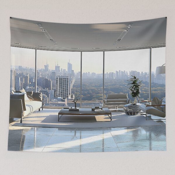 Item preview, modern living room with floor-to-ceiling windows, revealing a bustling cityscape beyond.  designed and sold by CheerForGoods.