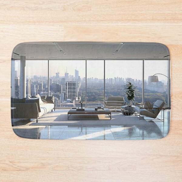 Item preview, modern living room with floor-to-ceiling windows, revealing a bustling cityscape beyond.  designed and sold by CheerForGoods.