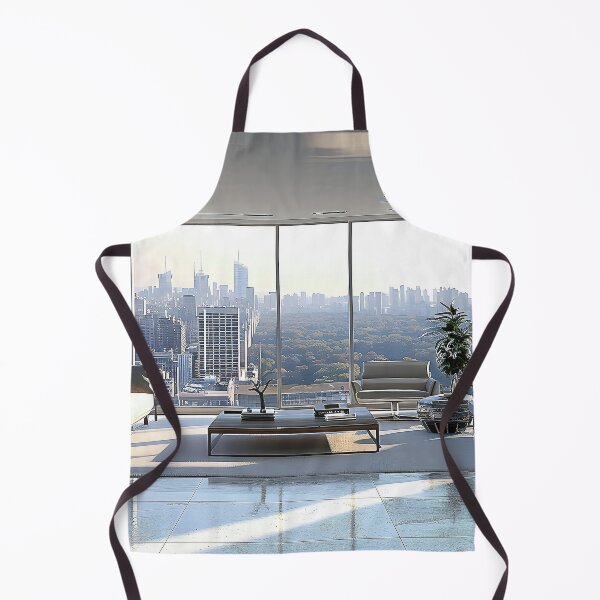 Item preview, modern living room with floor-to-ceiling windows, revealing a bustling cityscape beyond. designed and sold by CheerForGoods.