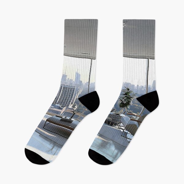 Item preview, modern living room with floor-to-ceiling windows, revealing a bustling cityscape beyond.  designed and sold by CheerForGoods.