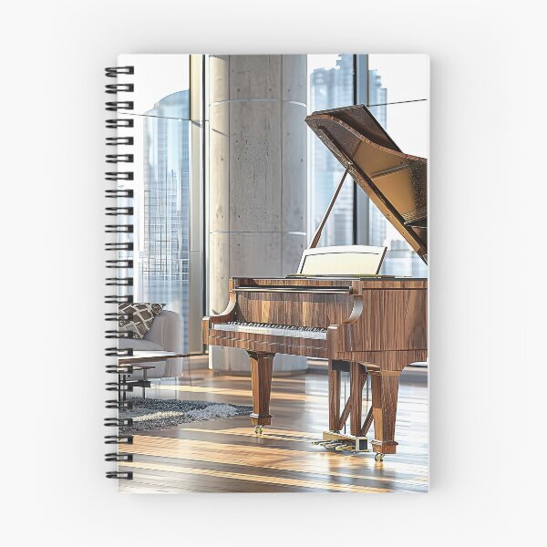 Item preview, modern living room with floor-to-ceiling windows, featuring a grand piano as the centerpiece.  designed and sold by CheerForGoods.