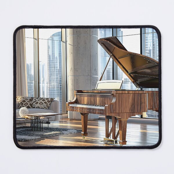 Item preview, modern living room with floor-to-ceiling windows, featuring a grand piano as the centerpiece. designed and sold by CheerForGoods.