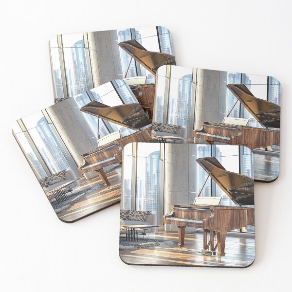 Item preview, modern living room with floor-to-ceiling windows, featuring a grand piano as the centerpiece.  designed and sold by CheerForGoods.
