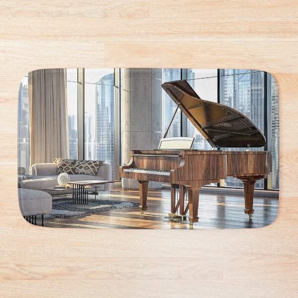 Item preview, modern living room with floor-to-ceiling windows, featuring a grand piano as the centerpiece.  designed and sold by CheerForGoods.