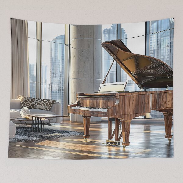 Item preview, modern living room with floor-to-ceiling windows, featuring a grand piano as the centerpiece.  designed and sold by CheerForGoods.