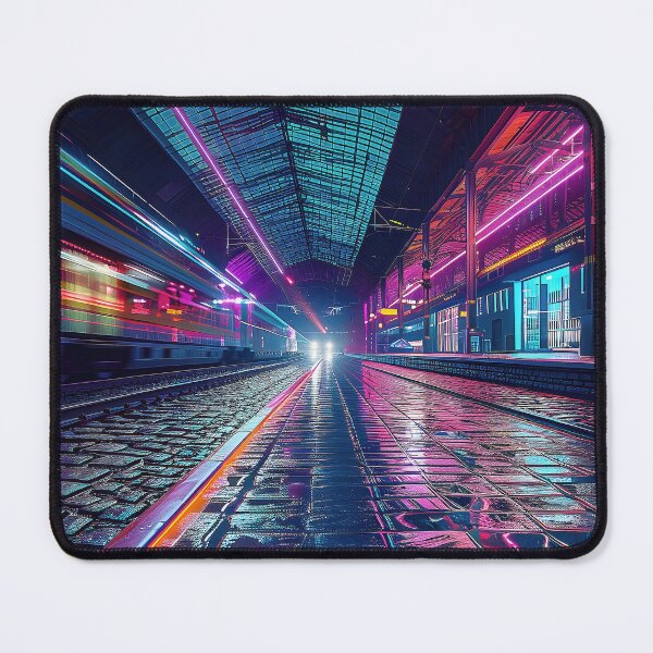 Item preview, an empty train station at night, bathed in mesmerizing neon lights and shadows. designed and sold by CheerForGoods.