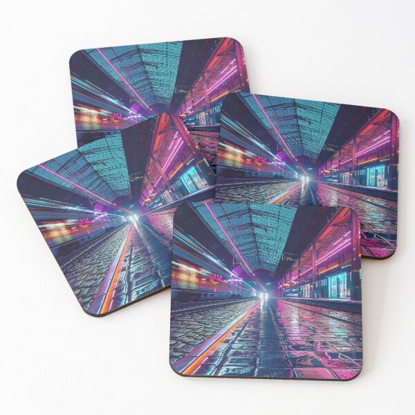 Item preview, an empty train station at night, bathed in mesmerizing neon lights and shadows. designed and sold by CheerForGoods.