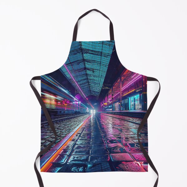 Item preview, an empty train station at night, bathed in mesmerizing neon lights and shadows. designed and sold by CheerForGoods.