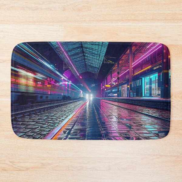 Item preview, an empty train station at night, bathed in mesmerizing neon lights and shadows. designed and sold by CheerForGoods.