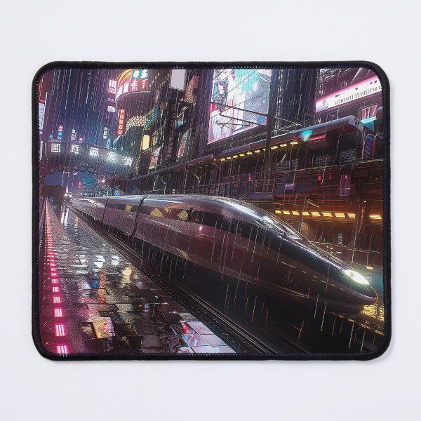 Item preview, futuristic train speeding through a bustling cityscape at night. designed and sold by CheerForGoods.