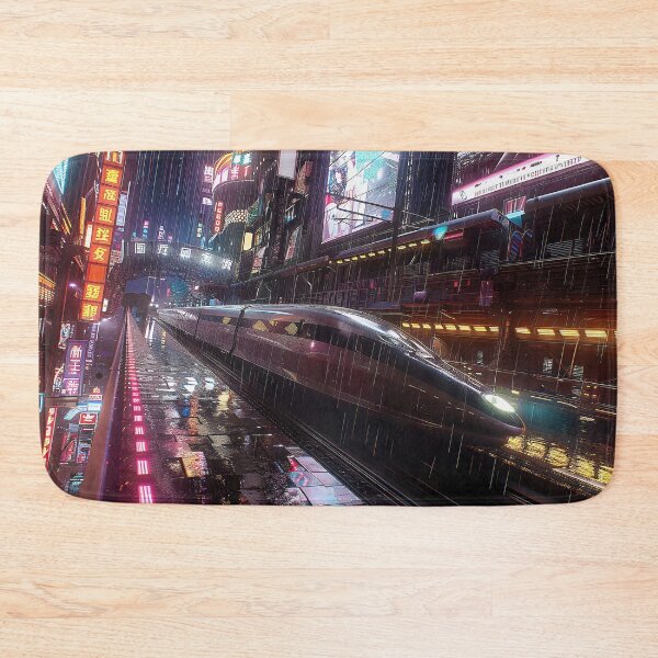 Item preview, futuristic train speeding through a bustling cityscape at night. designed and sold by CheerForGoods.