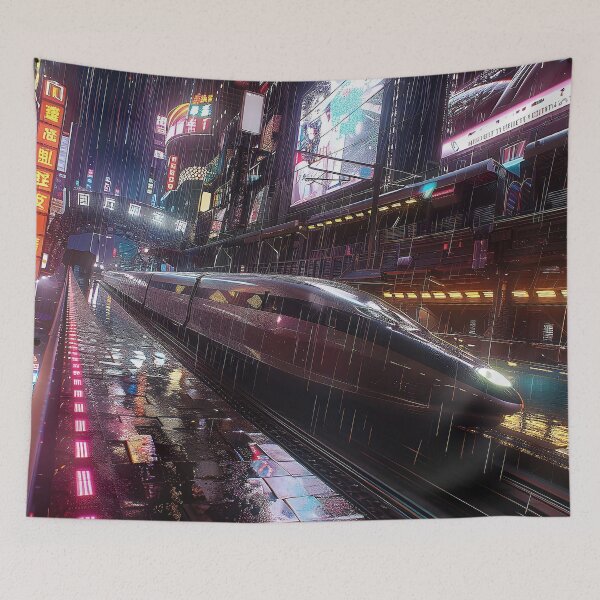 Item preview, futuristic train speeding through a bustling cityscape at night. designed and sold by CheerForGoods.