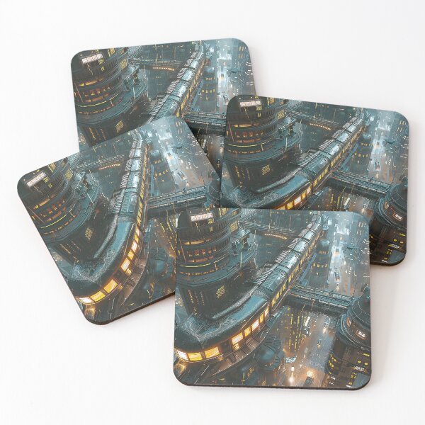 Item preview, a aerial view of a futuristic train navigating through the labyrinthine streets of a city.  designed and sold by CheerForGoods.