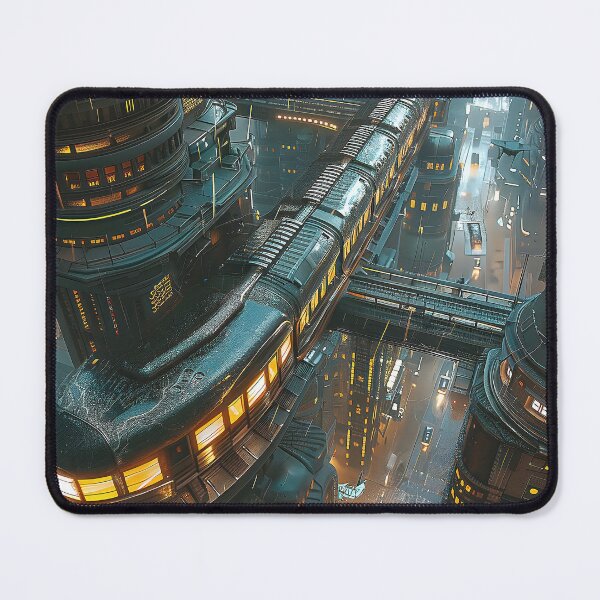 Item preview, a aerial view of a futuristic train navigating through the labyrinthine streets of a city. designed and sold by CheerForGoods.