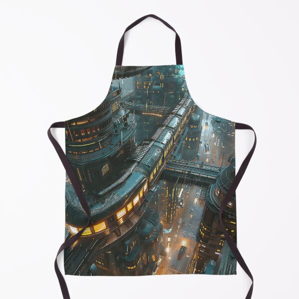 Item preview, a aerial view of a futuristic train navigating through the labyrinthine streets of a city. designed and sold by CheerForGoods.