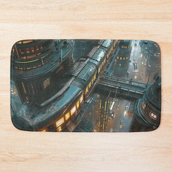 Item preview, a aerial view of a futuristic train navigating through the labyrinthine streets of a city.  designed and sold by CheerForGoods.