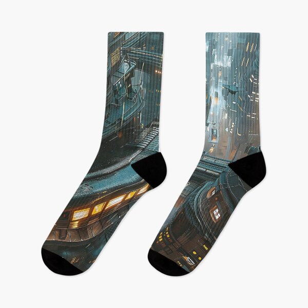 Item preview, a aerial view of a futuristic train navigating through the labyrinthine streets of a city.  designed and sold by CheerForGoods.