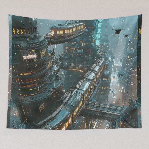 Item preview, a aerial view of a futuristic train navigating through the labyrinthine streets of a city.  designed and sold by CheerForGoods.