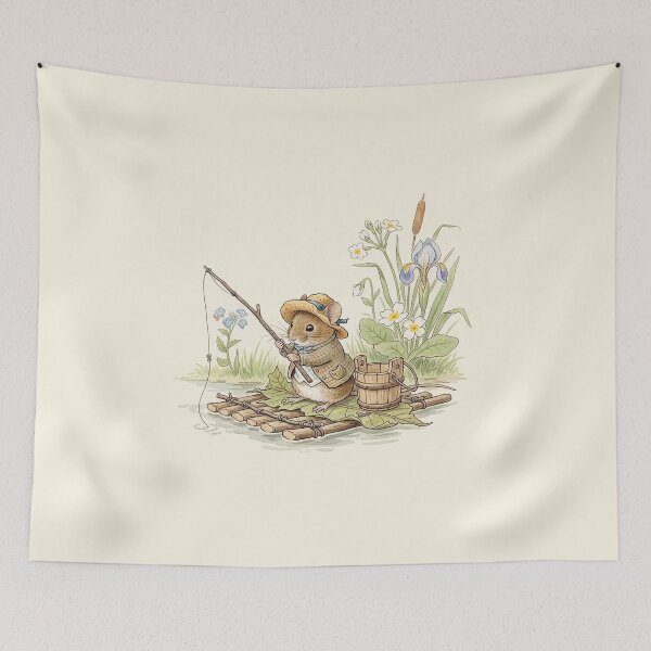 Item preview, Whimsical Mouse Fishing on a Leaf Raft Watercolor designed and sold by Pasteltone.
