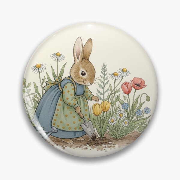 Item preview, Vintage Bunny Rabbit Gardening in the Flower Bed designed and sold by Pasteltone.