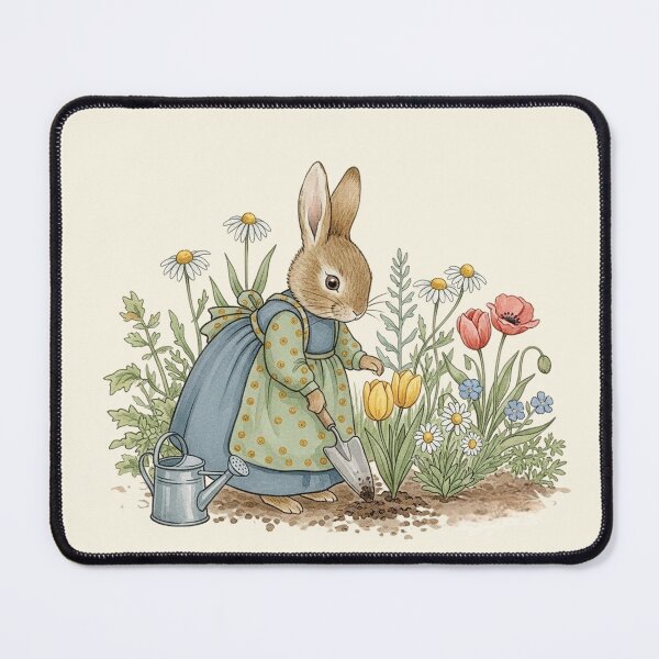Item preview, Vintage Bunny Rabbit Gardening in the Flower Bed designed and sold by Pasteltone.