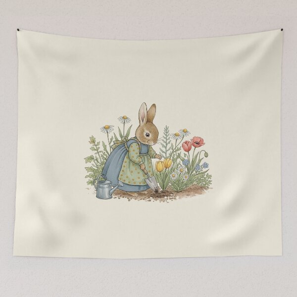 Item preview, Vintage Bunny Rabbit Gardening in the Flower Bed designed and sold by Pasteltone.