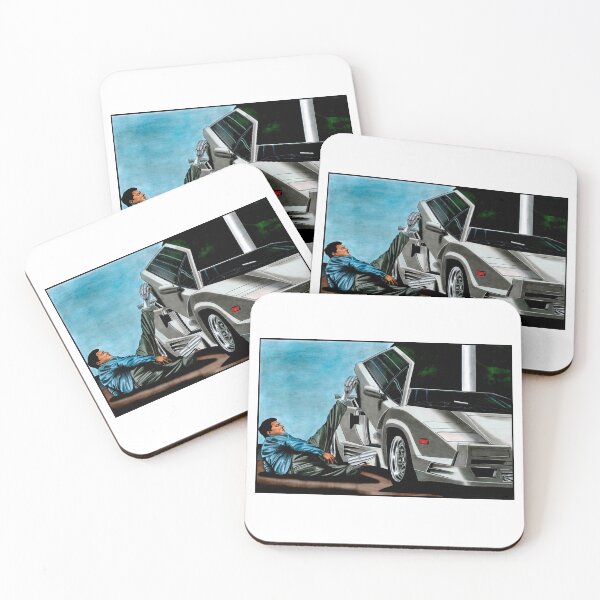Item preview, An exclusive drawing of a famous still from the film, near a white car Countach V12 25th Anniversary Edition designed and sold by Cars23.