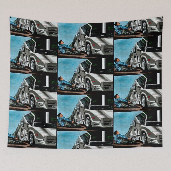 Item preview, An exclusive drawing of a famous still from the film, near a white car Countach V12 25th Anniversary Edition designed and sold by Cars23.