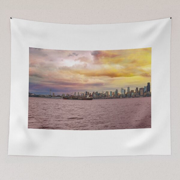 Item preview, Seattle Washington city skyline along Elliot Bay in Puget Sound from Alki Beach during sunset designed and sold by davidgnsx1.