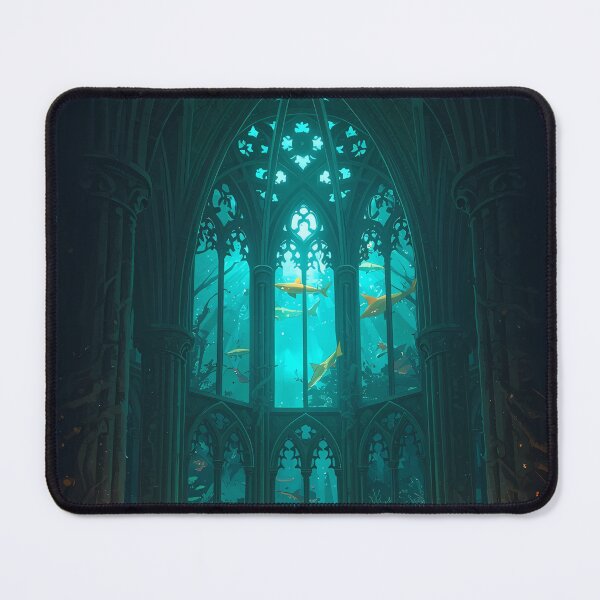 Item preview, Gothic Undersea Cathedral - Sunken Ruin with Golden Sharks Art designed and sold by UnRealS.