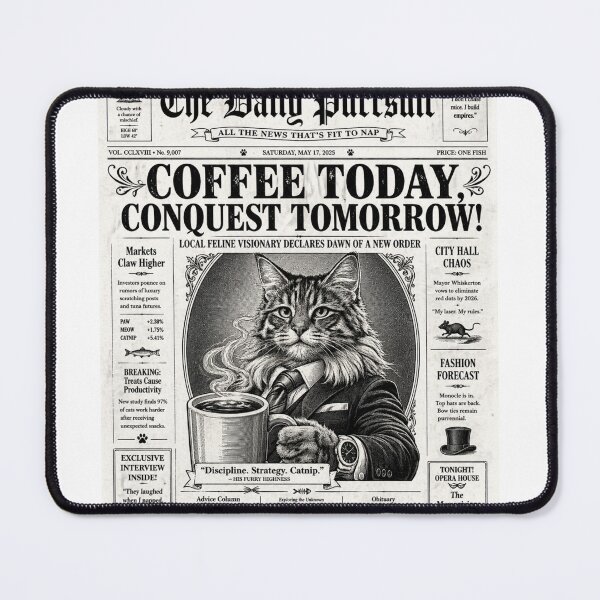 Item preview, Coffee Today, Conquest Tomorrow – Funny Cat Vintage Newspaper Design designed and sold by IrynaLineArt.