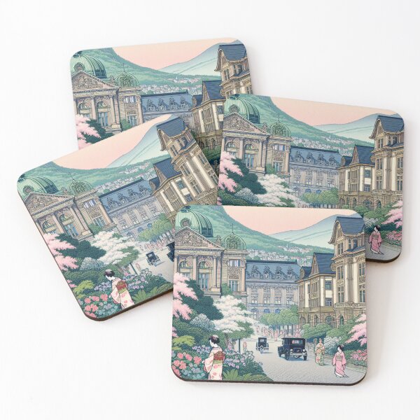 Item preview, Edo Ukiyo-e Wiesbaden Art Print | Kurhaus & Cherry Blossoms designed and sold by Vandy Fullam.