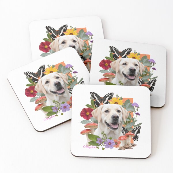 Artikelvorschau, Blumencollage mit gelbem Labrador Retriever | Hundeporträt, Rasse, Schmetterling, Blumen, Pilze, Hundeliebhaber entworfen und verkauft von LisaTumi.art.