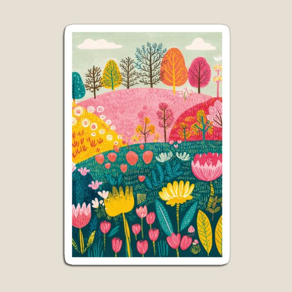 Aperçu de l'œuvre Paysage vibrant et fantaisiste, avec des fleurs et des collines colorées. créée et vendue par FortuneAndFrame.