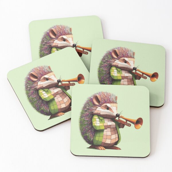 Item preview, spectacular musical hedgehog playing trumpet mosaic style designed and sold by designmari.
