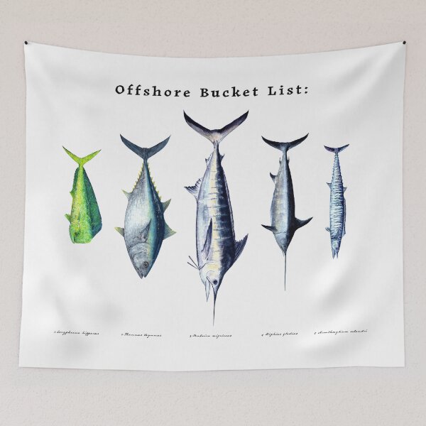 Item preview, Offshore Bucket List Fish Poster – Mahi Mahi, Tuna, Marlin, Wahoo Watercolor designed and sold by Melissa  MacMichael Art + Design.