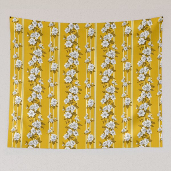 Item preview, Vintage Floral Stripe Pattern | Mustard Yellow Botanical Vines | French Country Flowers | Elegant White Roses on Yellow | Victorian Stripe Floral Aesthetic | Classic Chinoiserie Flower Pattern designed and sold by VivaFy.