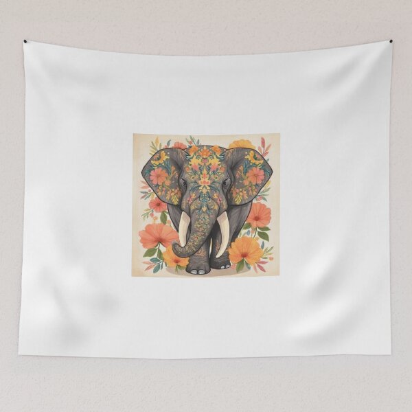Item preview, The elephant has ancient, elegant tusks adorned with flowers. designed and sold by Artchara..