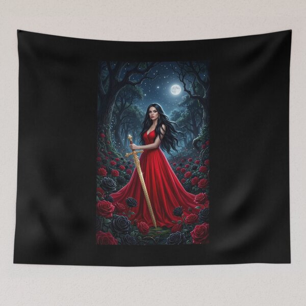 Item preview, Gothic Queen in Red Dress with Golden Sword in Night Rose Garden designed and sold by DarkLuxuryArt.
