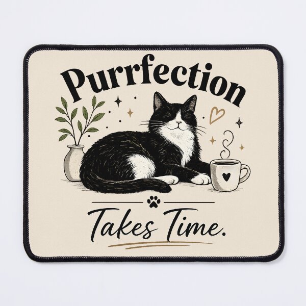 Item preview, Purrfection Takes Time – Cozy Cat Coffee Illustration designed and sold by blankTeeShirt.