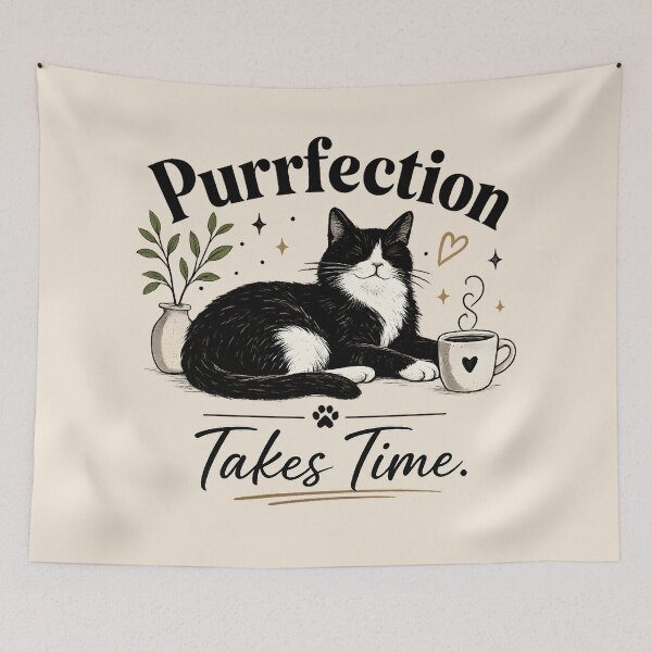 Item preview, Purrfection Takes Time – Cozy Cat Coffee Illustration designed and sold by blankTeeShirt.