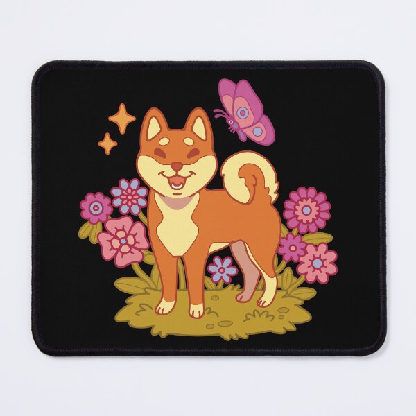 Item preview, Happy little shiba inu among flowers - dark version designed and sold by Erika Vaigel Illustrations.