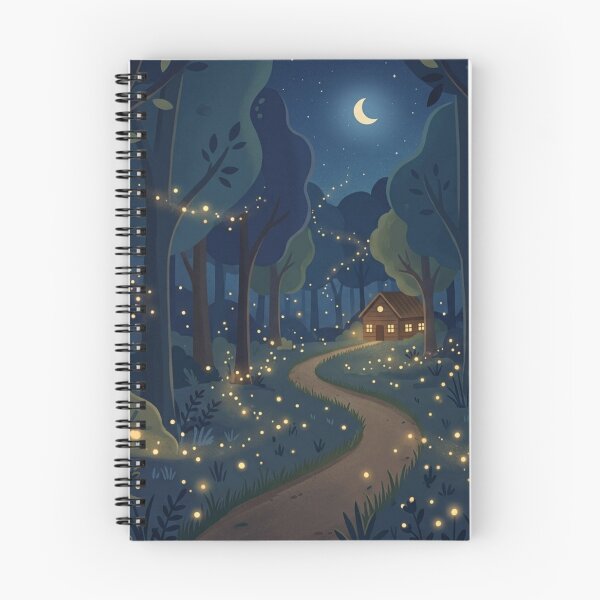 Item preview, Magical Night Forest Cabin – Fireflies Path, Cozy Woodland Landscape Illustration designed and sold by soletstudio.