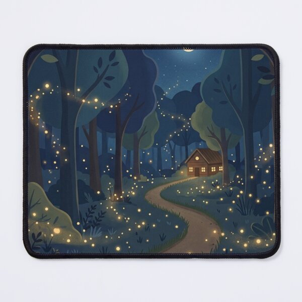 Item preview, Magical Night Forest Cabin – Fireflies Path, Cozy Woodland Landscape Illustration designed and sold by soletstudio.
