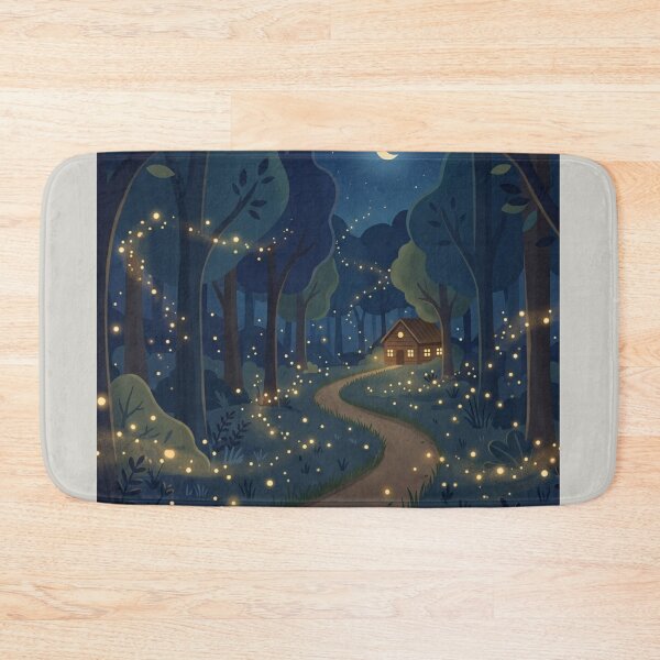 Item preview, Magical Night Forest Cabin – Fireflies Path, Cozy Woodland Landscape Illustration designed and sold by soletstudio.